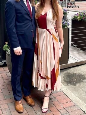 Pleated Colorblock Midi Dress in Burgundy and Rose